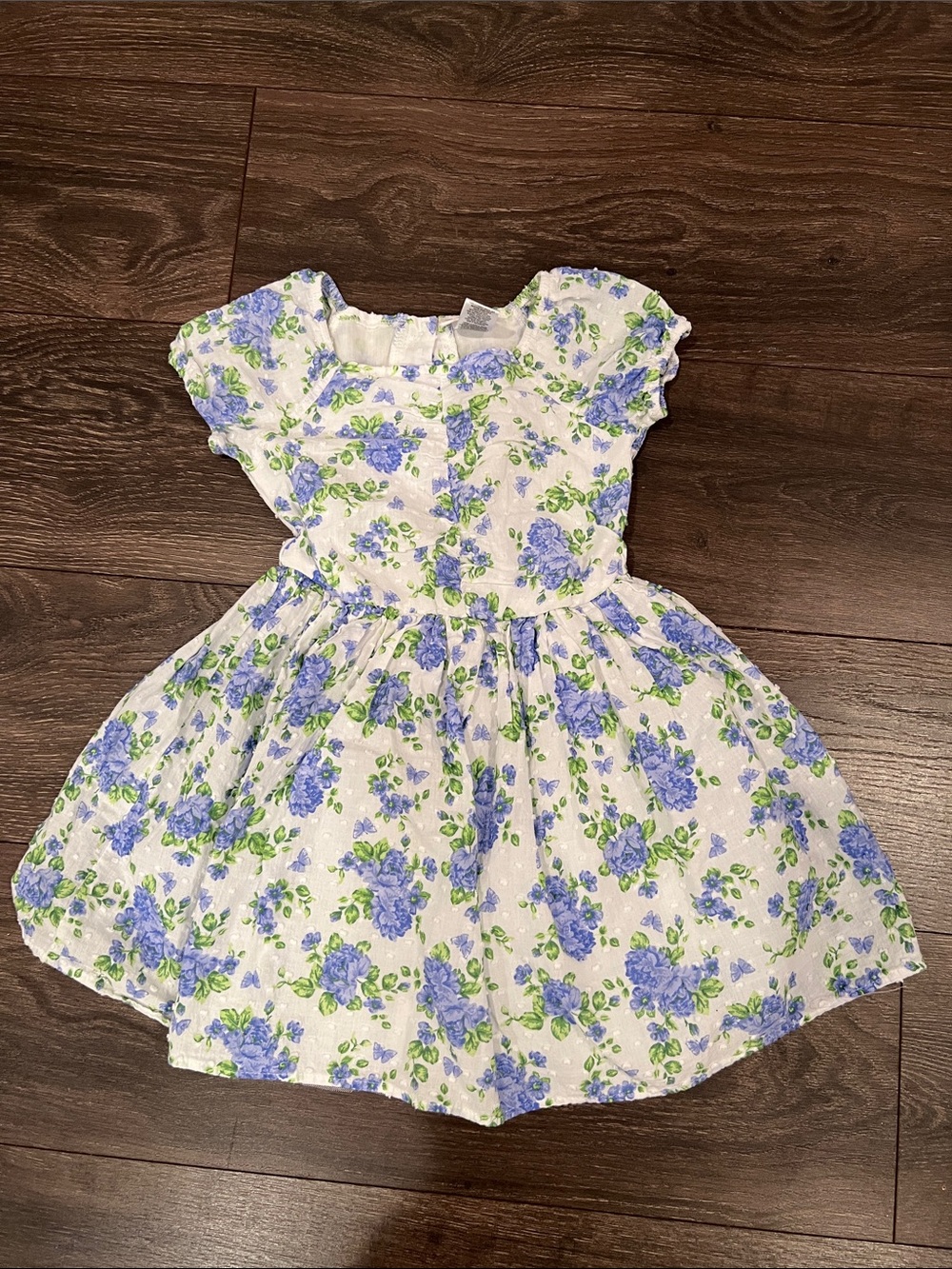 Little Lass White Dress with Blue Floral Print and Green Leaves